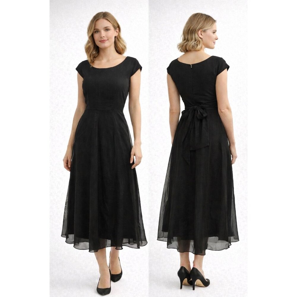 Elizabeth Wayman Black Silk Chiffon Midi Dress Tie Back USA Womens 2